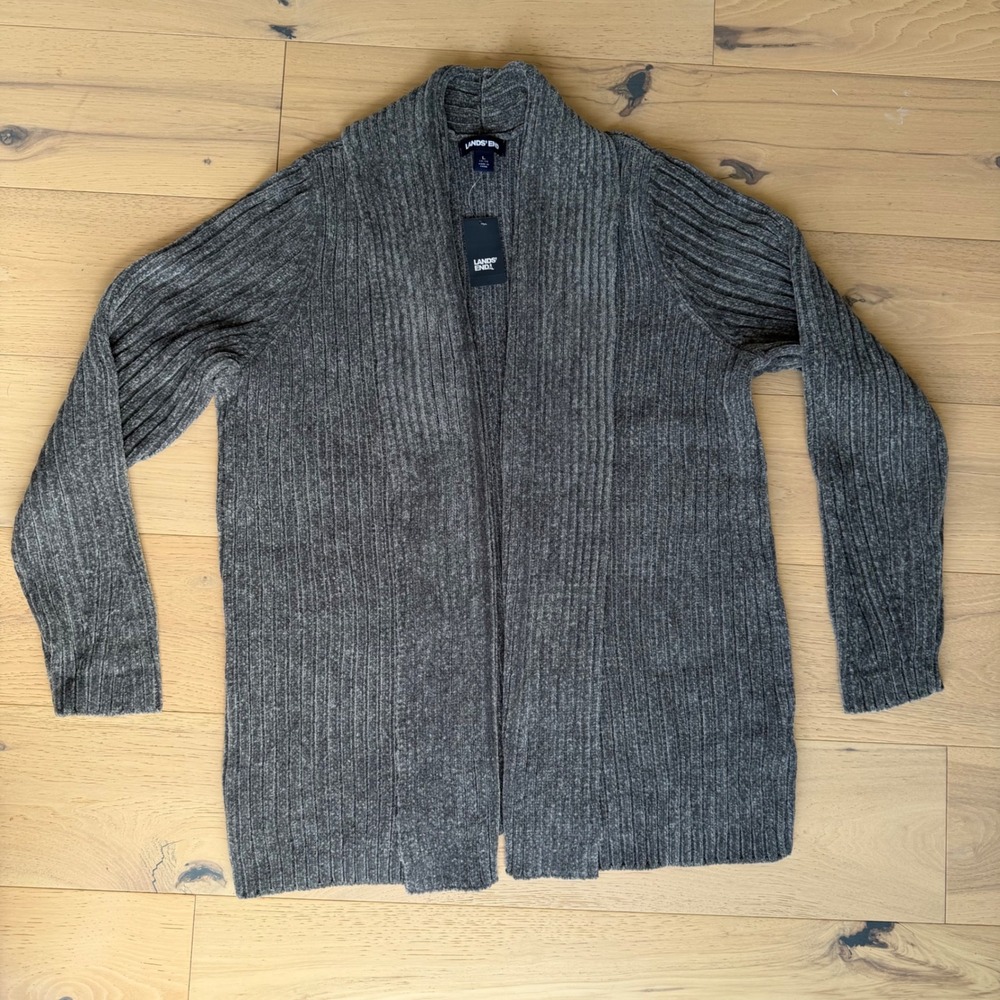 Lands End Women Chenille Open Front Cardigan Shawl Collar Velvet Gray Large  NWT